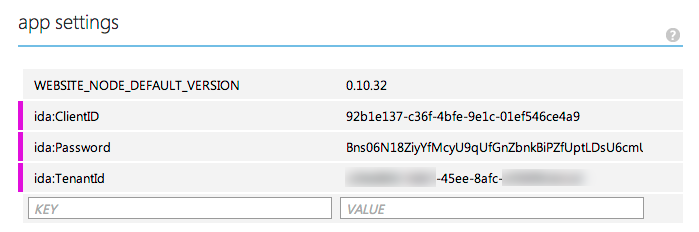 WEBSITE_NODE_DEFAULT_VERSION es 0.10.32, ida:ClientID es 92b1e137-c36f-4bfe-9e1c-01ef546ce4a9, ida:Password es Bns06N18ZiyYfMcyU9qUfGnZbnkBiPZfUptLDsU6cml, ida:TenantId está parcialmente redactada. Los números centrales del GUID son -45ee-8afc-.