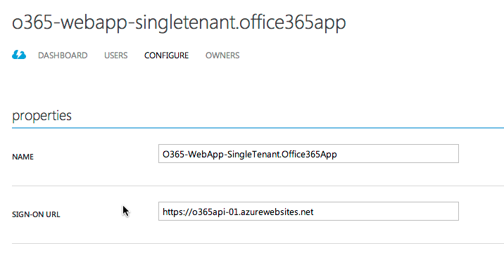 El nombre se establece en O365-WebApp-SingleTenant.Office365App, la dirección URL de inicio de sesión está establecida en https://o365api-01.azurewebsites.net