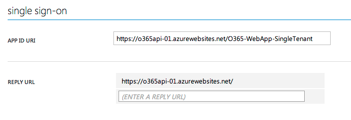 El URI del identificador de aplicación es https://o365api-01.azurewebsites.net/O365-WebApp-SingleTenant, la dirección URL de respuesta es https://o365api-01.azurewebsites.net/