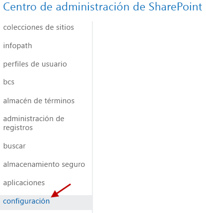 Menú del Centro de administración de SharePoint, con la opción de menú Configuración resaltada.