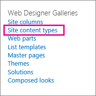 Vínculo tipos de contenido de sitio en la página Configuración del sitio.