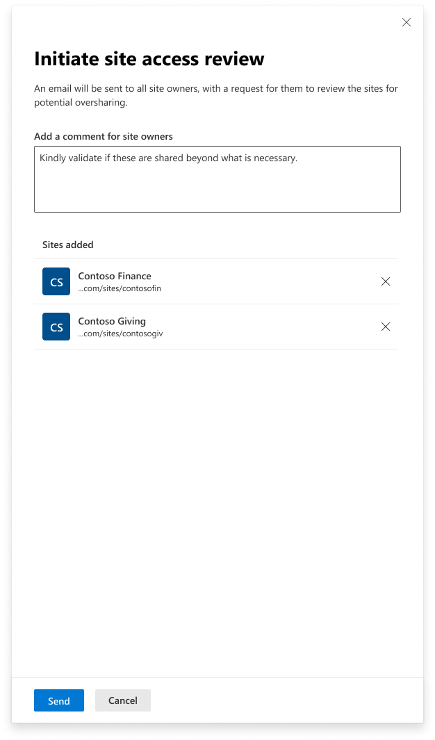 Captura de pantalla que muestra cómo proporcionar comentarios para la configuración de contexto para los propietarios del sitio