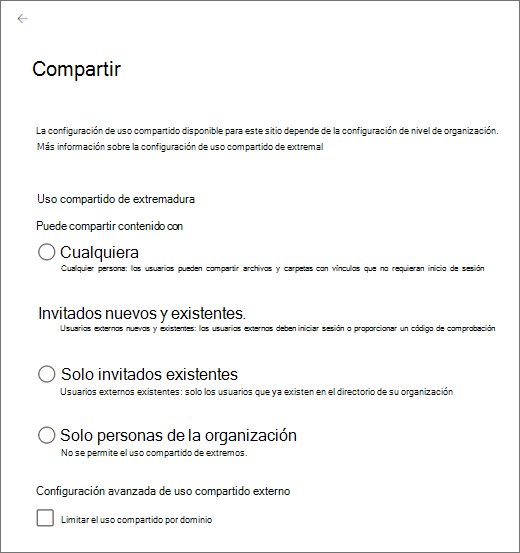 Cambiar la configuración de uso compartido externo de un sitio