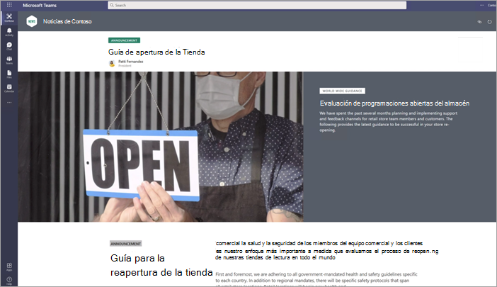 Captura de pantalla de una publicación de noticias en Viva Connections en un dispositivo de escritorio.