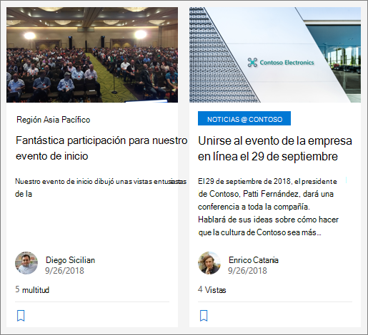 Captura de pantalla de un ejemplo de publicaciones de noticias de la organización en SharePoint.