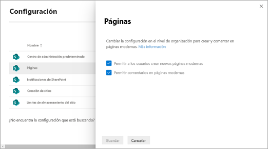 Configuración de páginas en el nuevo Centro de administración de SharePoint