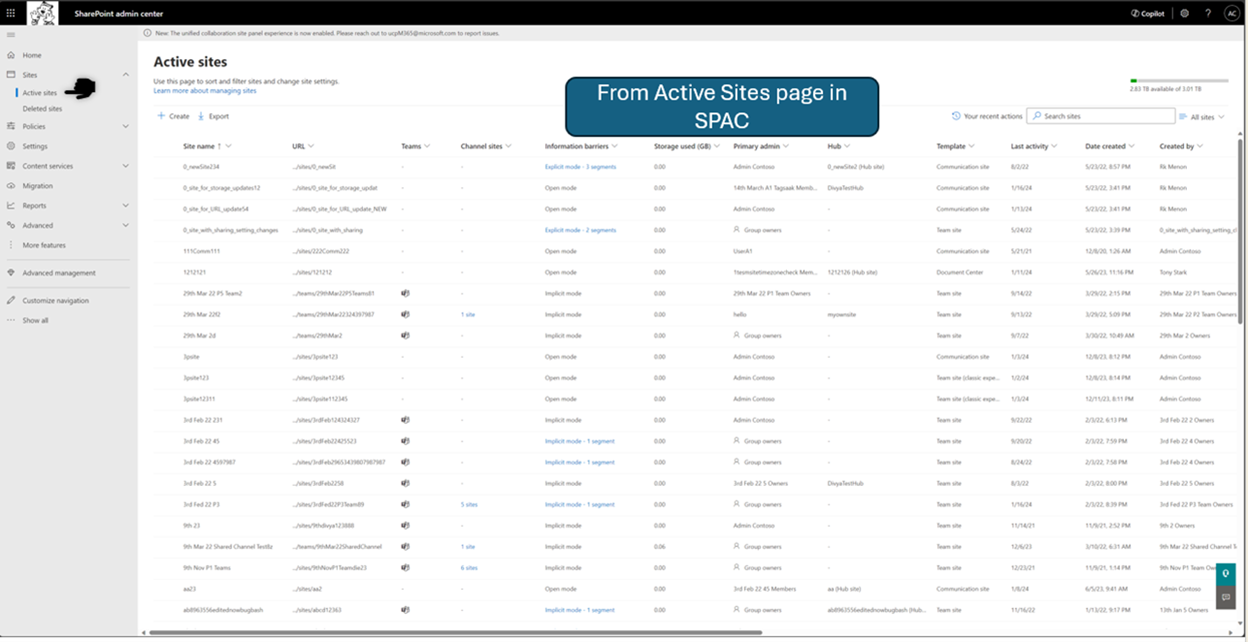 Captura de pantalla del primer paso para llegar a la página de sitios activos en SPAC