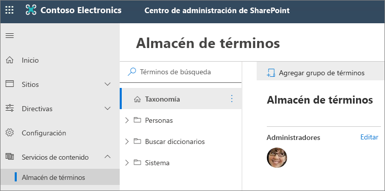 Captura de pantalla de la herramienta de administración de almacén de términos