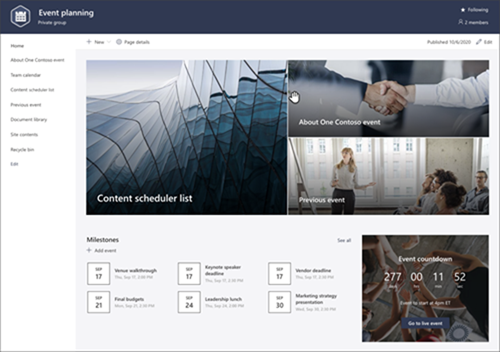 Captura de pantalla de un sitio de planeación de eventos en SharePoint.