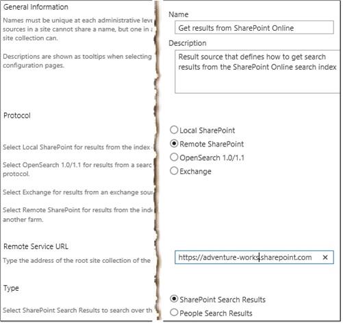 Primeras cuatro secciones de la página de origen de resultados para obtener resultados de SharePoint en Microsoft 365