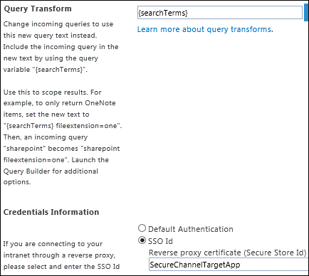 Secciones de información de credenciales y transformación de consultas en la página Nuevo origen de resultados en SharePoint en Microsoft 365