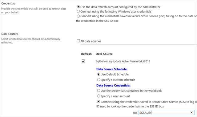 Captura de pantalla de la página de configuración de programación cuando se selecciona la tercera opción en Credenciales de origen de datos.