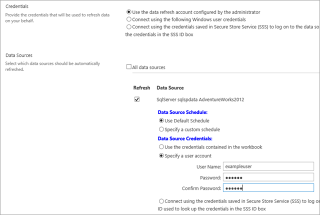 Captura de pantalla de la página de configuración de programación cuando se selecciona la segunda opción en Credenciales de origen de datos.