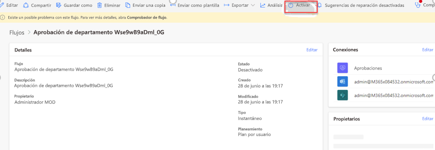 Activar el flujo de trabajo después de configurar las referencias de conexión