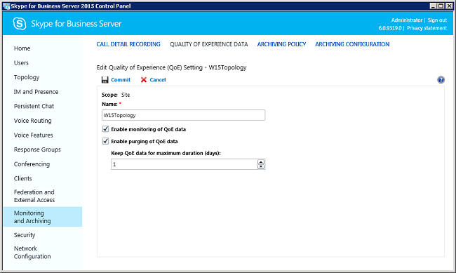 Lync Server Control Panel editing QoE setting