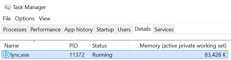 Captura de pantalla que muestra los detalles de la aplicación Lync en la ventana Administrador de tareas con valores de memoria 83 428K.