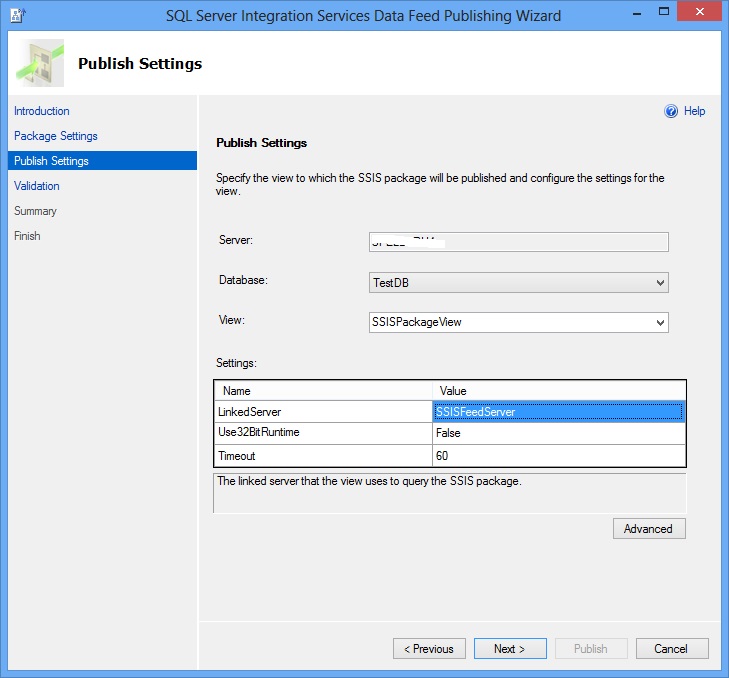 Asistente para publicar fuentes de distribución de datos: Página Configuración de publicación