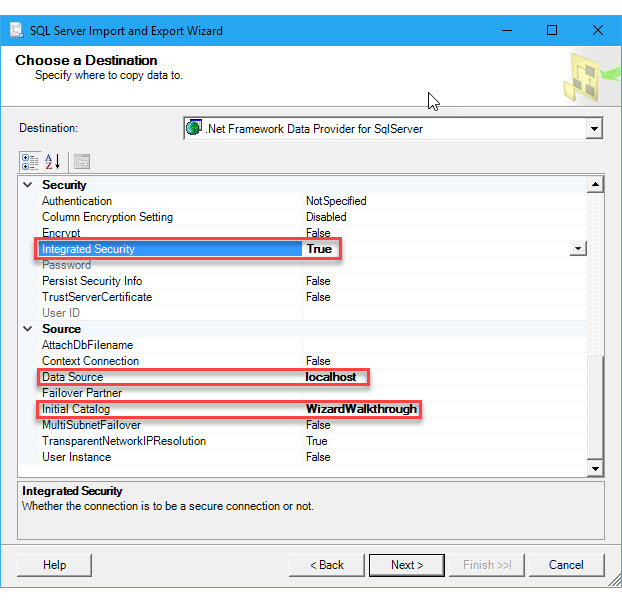 Selección del destino de SQL Server