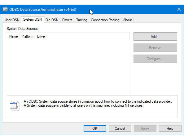 Captura de pantalla de la ventana DSN de sistema de Administrador de origen de datos ODBC.