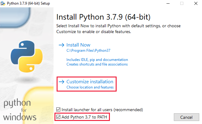 Instalación de Python 3.7: adición de Python 3.7 a la ruta de acceso