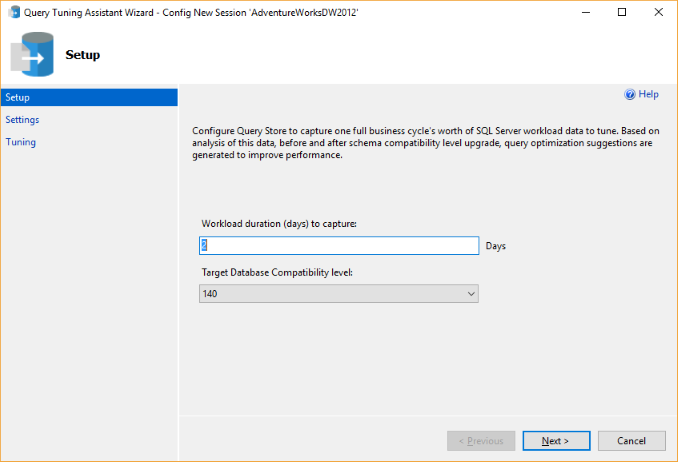 Nueva ventana de configuración de sesión de actualización de base de datos