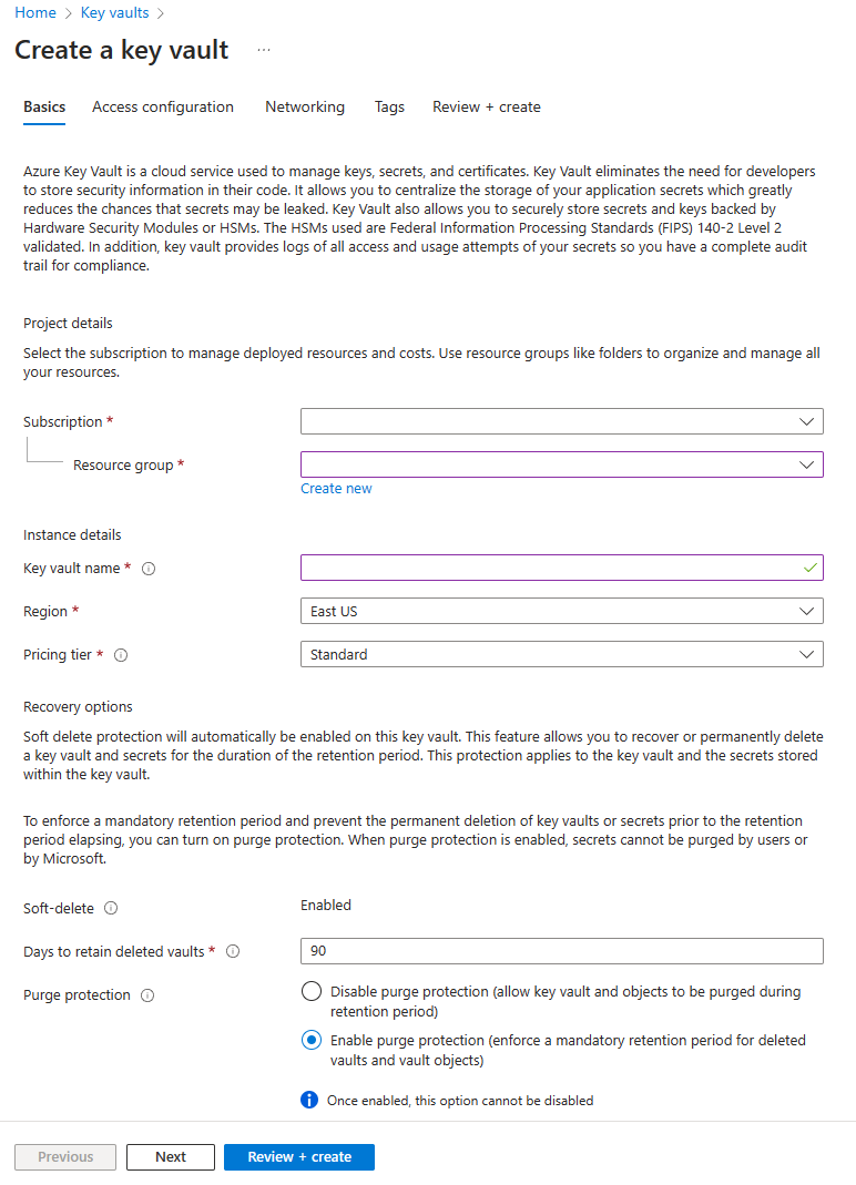 Captura de pantalla del panel Crear almacén de claves en Azure Portal.