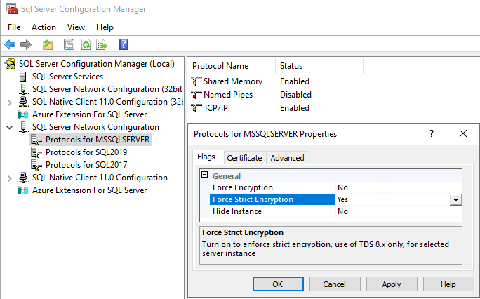 Captura de pantalla del control de interfaz de usuario para Administrador de configuración de SQL Server, cuadro de diálogo Configurar protocolos.