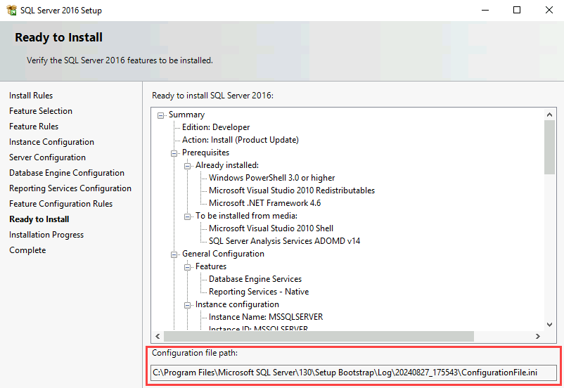 Captura de pantalla de la página Listo para instalar. En Ruta de acceso del archivo de configuración, se resalta una ruta de acceso a un archivo de configuración.