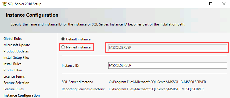 Captura de pantalla de la página Configuración de instancia en el Asistente para la instalación. La opción Instancia con nombre y el campo situado junto a él están resaltados.