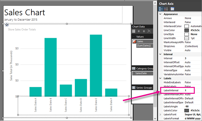 Captura de pantalla en la que se muestra cómo definir el intervalo de etiquetas del gráfico de columnas de Report Builder.