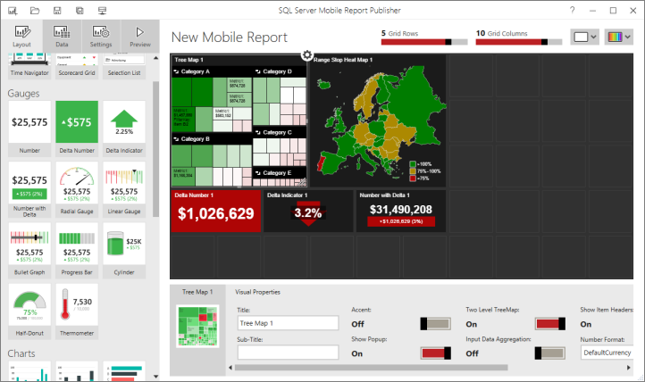 Captura de pantalla de los componentes del informe móvil.