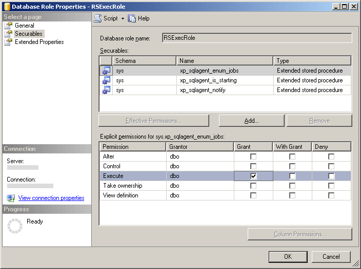 Captura de pantalla que muestra la página Propiedades del rol de base de datos.