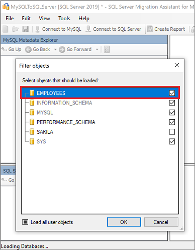 Captura de pantalla en la que se muestra la selección de la base de datos MySQL que se quiere migrar.