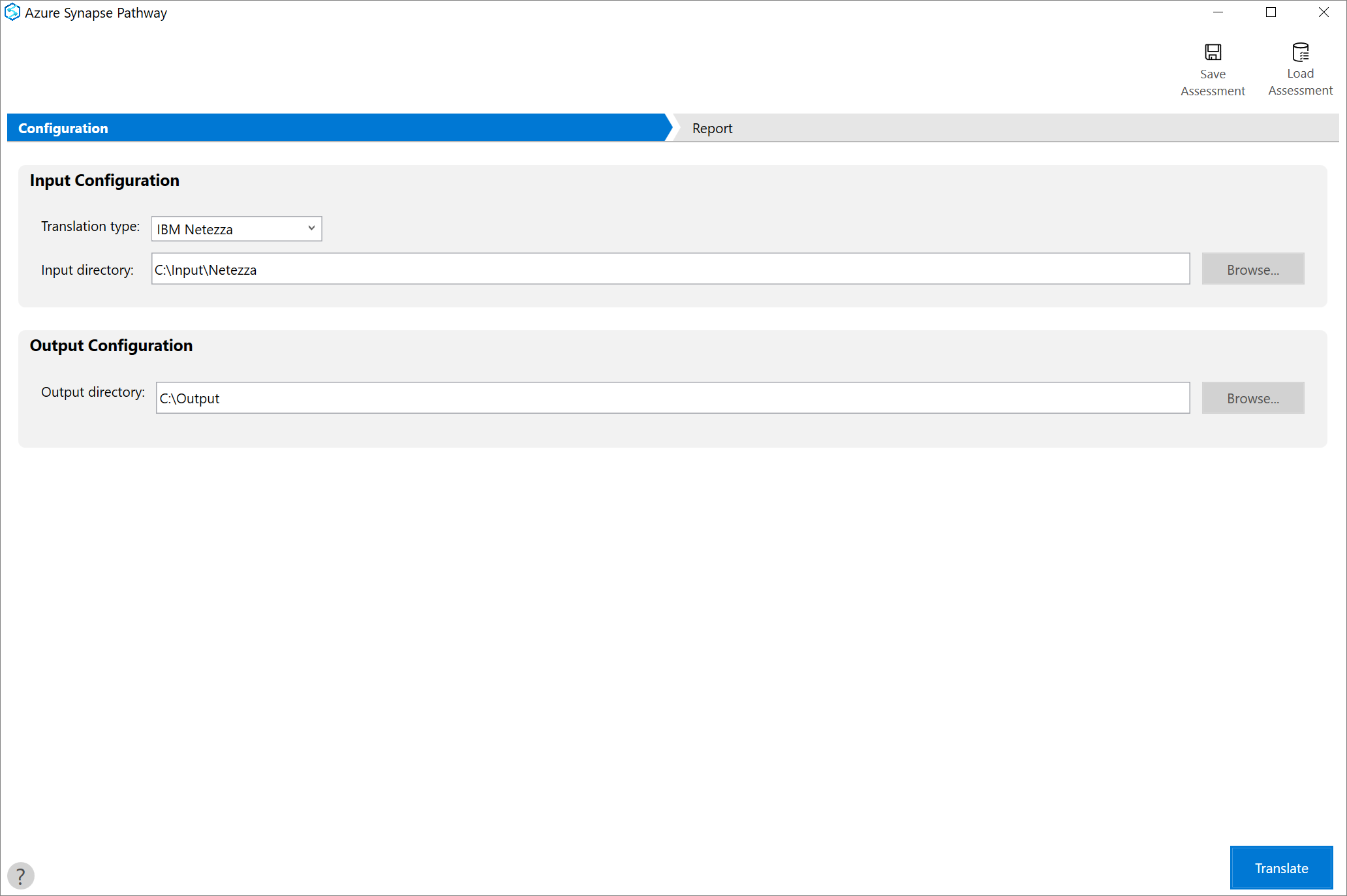 Configuración de valoración de Azure Synapse Pathway en la que se muestra el tipo de traducción, el directorio de entrada y el directorio de salida.