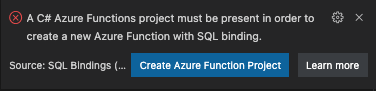 Screenshot of Visual Studio Code notification to create a new Azure Function project since none were found in folder.