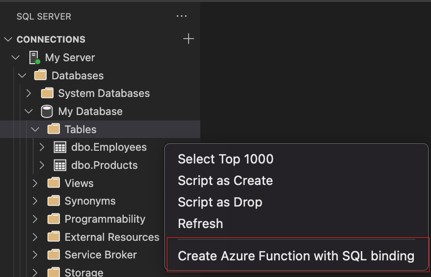 captura de pantalla del menú contextual del explorador de objetos para agregar un enlace SQL desde la tabla.