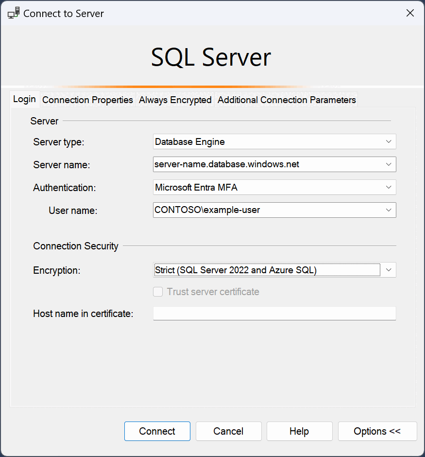 Captura de pantalla del cuadro de diálogo de conexión para Azure SQL.