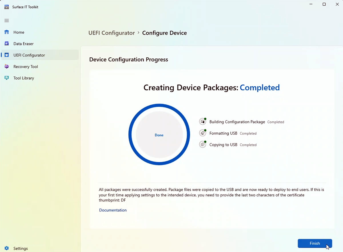 Captura de pantalla que muestra la creación correcta del paquete SEMM para Surface Hub 2S.