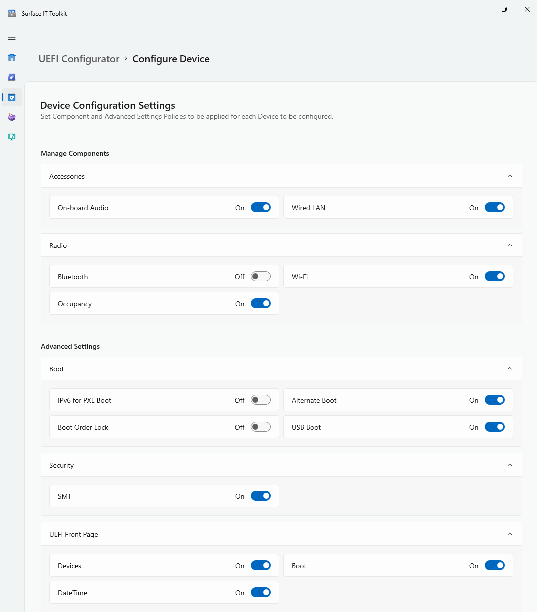 Captura de pantalla que muestra los componentes y la configuración avanzada para activar o desactivar.