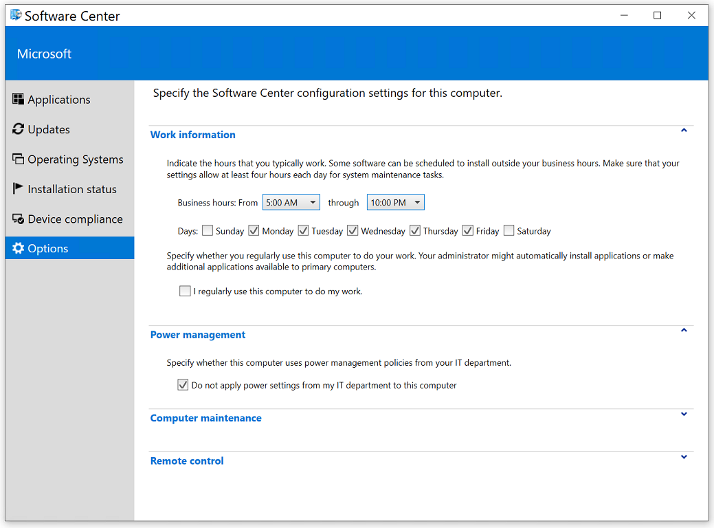 Captura de pantalla de la configuración de software.