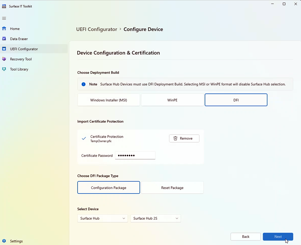 Captura de pantalla de Configuración y certificación del dispositivo.