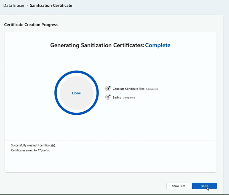 Captura de pantalla que muestra que la generación de certificados está completa.