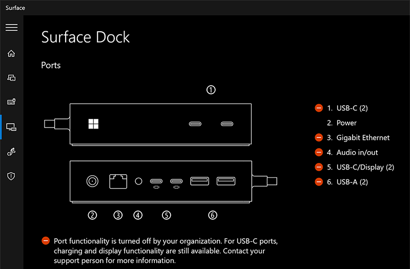 Captura de pantalla que muestra la aplicación surface que muestra los puertos desactivados para los usuarios no autenticados en Surface Dock 2.