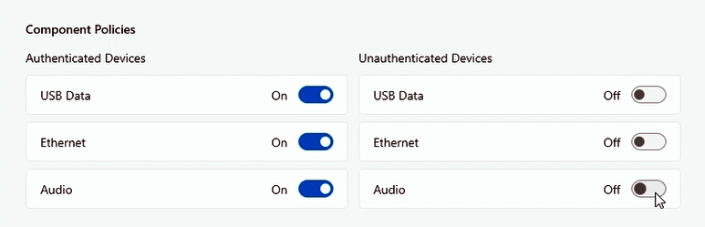 Captura de pantalla que muestra los puertos desactivados para dispositivos no autenticados.