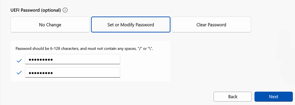 Captura de pantalla que muestra la adición de una contraseña para proteger la configuración de UEFI de personas no autorizadas.