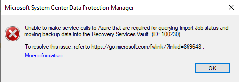 Captura de pantalla de la pantalla de error del agente de Azure Recovery Services.