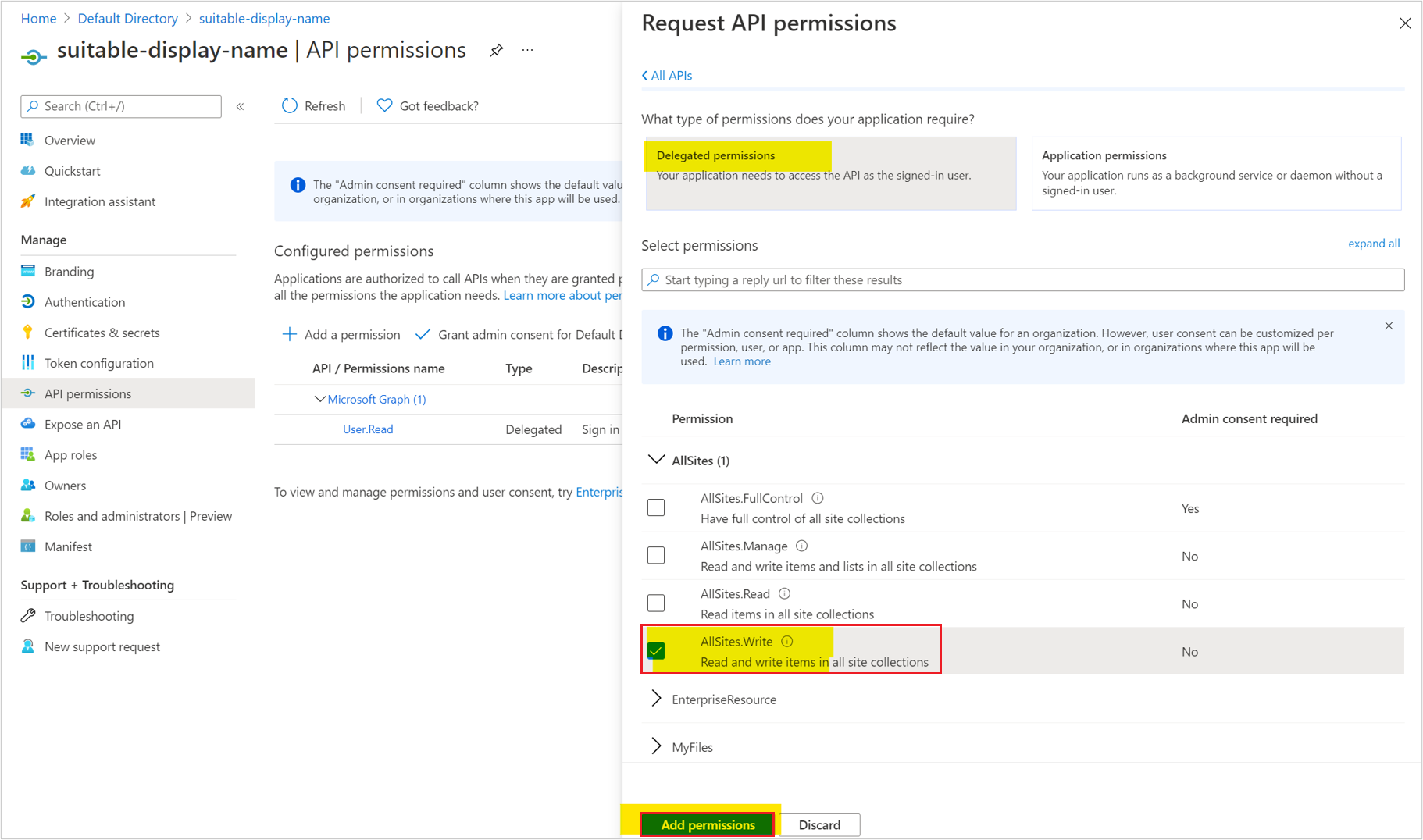 Captura de pantalla de los ámbitos de la API de SharePoint.