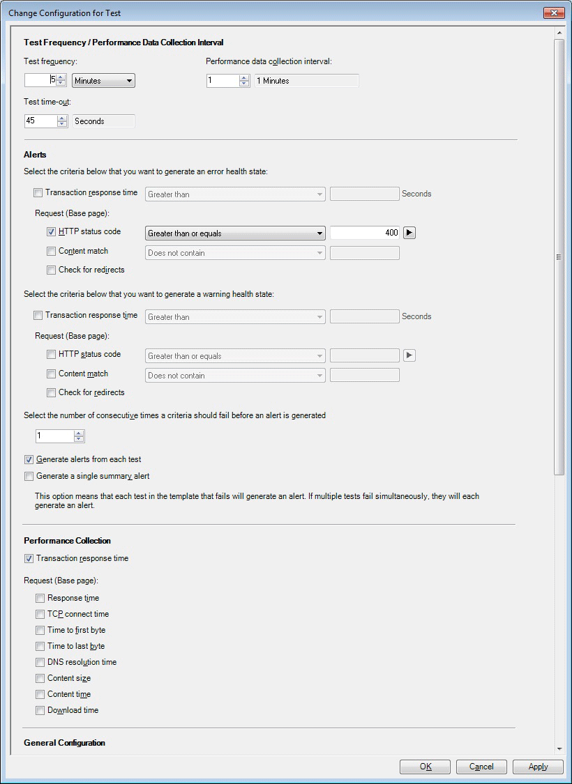 Captura de pantalla de la página Cambiar configuración de la prueba (parte superior).