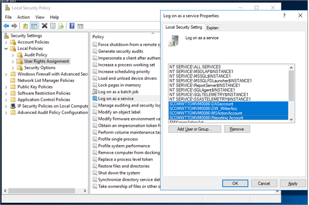 Captura de pantalla de la configuración de seguridad local.