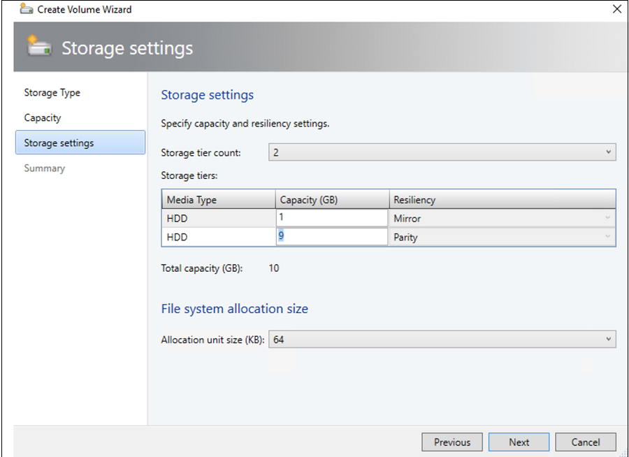 Captura de pantalla de la configuración de almacenamiento.